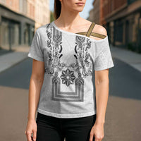 Philippines Barong Style Cross Shoulder Shirt with Polynesian Art and Leaf Motif Black-White Color LT03 - Polynesian Pride