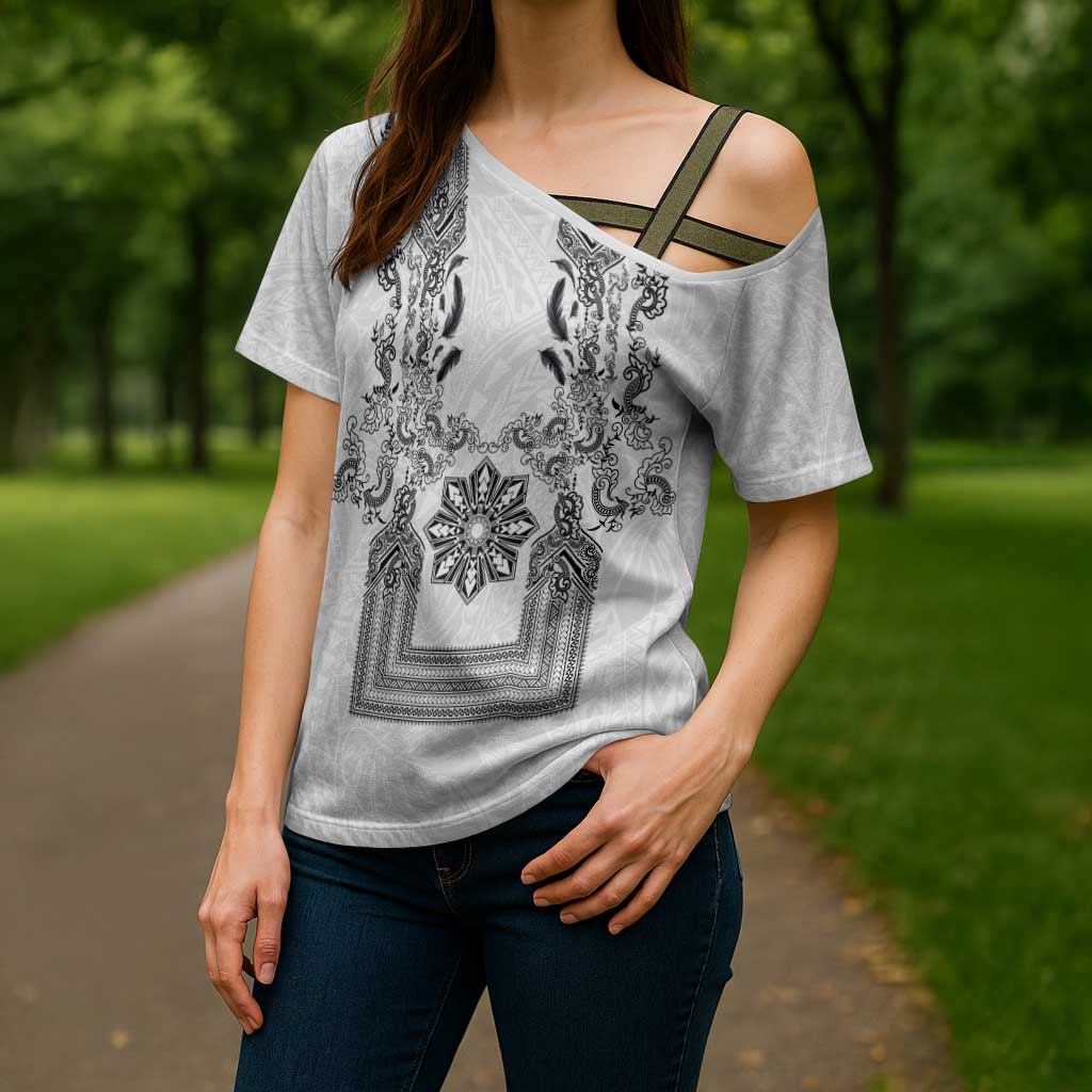 Philippines Barong Style Cross Shoulder Shirt with Polynesian Art and Leaf Motif Black-White Color LT03 - Polynesian Pride