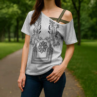 Philippines Barong Style Cross Shoulder Shirt with Polynesian Art and Leaf Motif Black-White Color LT03 - Polynesian Pride