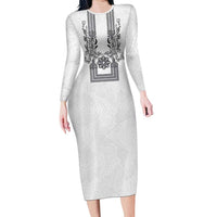 Philippines Barong Style Family Matching Long Sleeve Bodycon Dress and Hawaiian Shirt with Polynesian Art and Leaf Motif Black-White Color