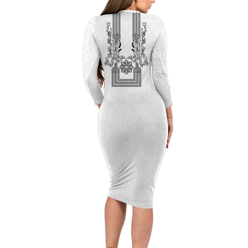 Philippines Barong Style Family Matching Long Sleeve Bodycon Dress and Hawaiian Shirt with Polynesian Art and Leaf Motif Black-White Color