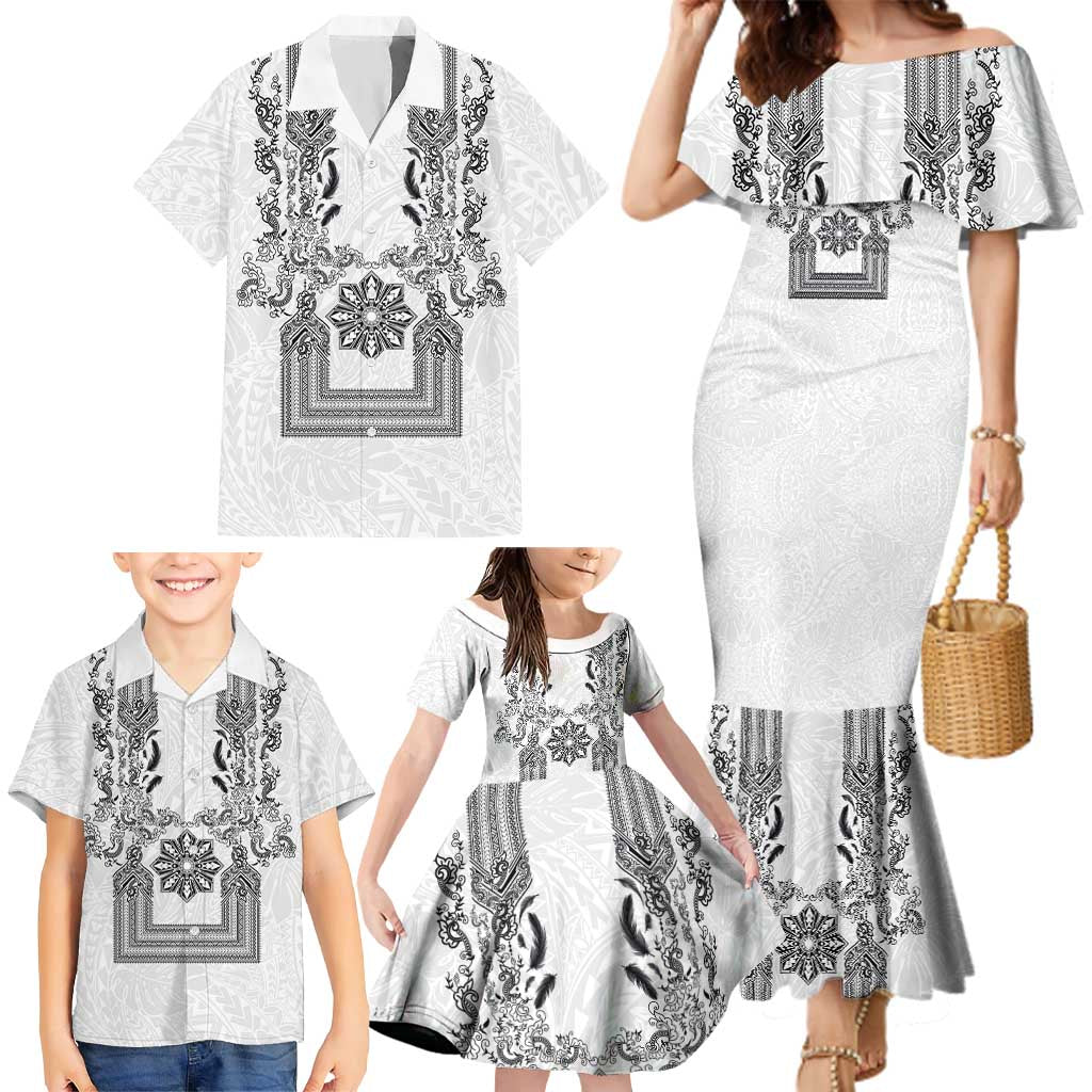 Philippines Barong Style Family Matching Mermaid Dress and Hawaiian Shirt with Polynesian Art and Leaf Motif Black-White Color LT03 - Polynesian Pride