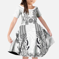 Philippines Barong Style Family Matching Off Shoulder Maxi Dress and Hawaiian Shirt with Polynesian Art and Leaf Motif Black-White Color