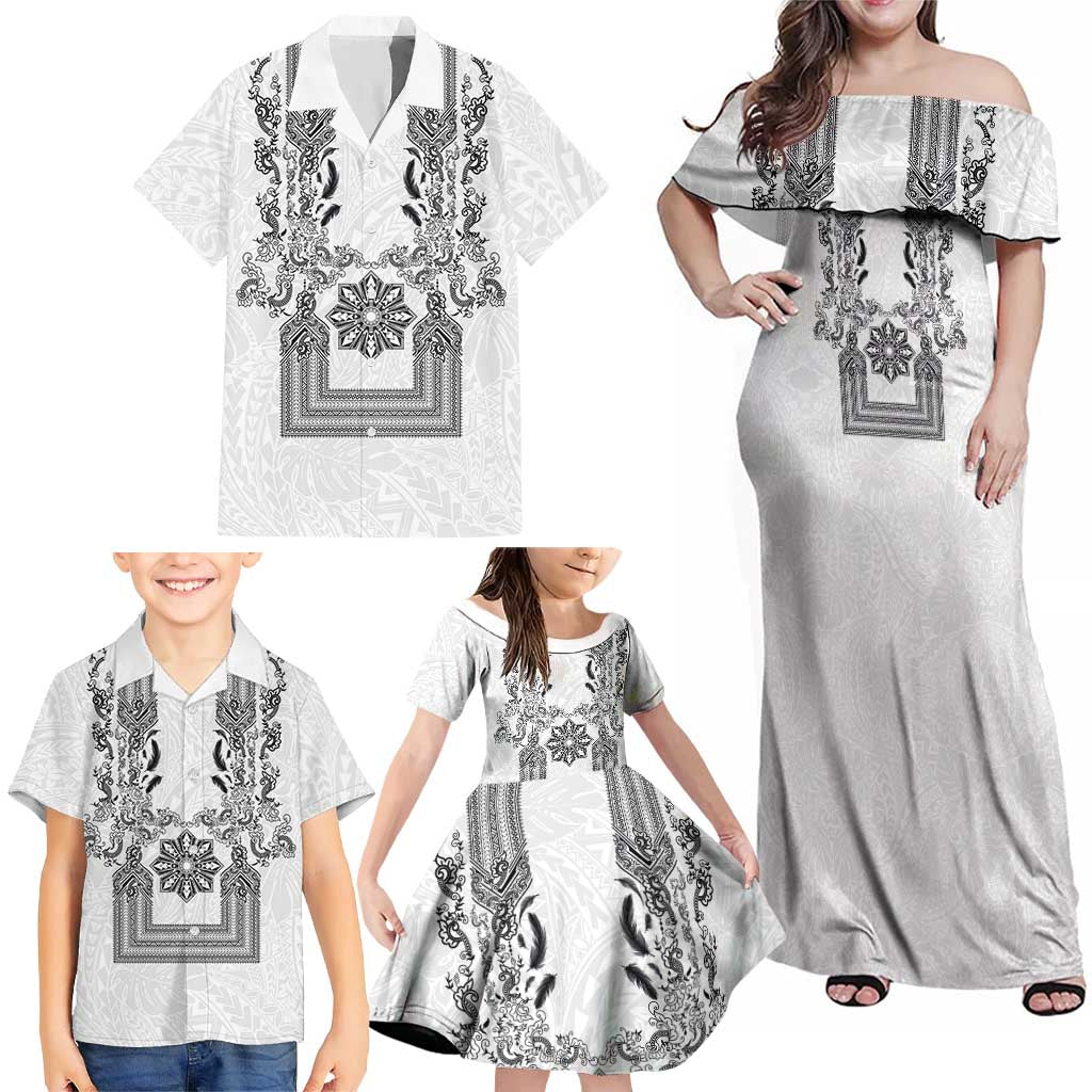 Philippines Barong Style Family Matching Off Shoulder Maxi Dress and Hawaiian Shirt with Polynesian Art and Leaf Motif Black-White Color LT03 - Polynesian Pride