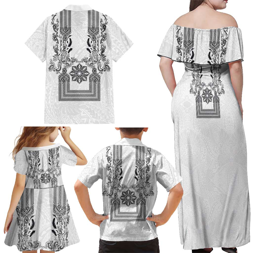 Philippines Barong Style Family Matching Off Shoulder Maxi Dress and Hawaiian Shirt with Polynesian Art and Leaf Motif Black-White Color