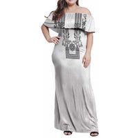 Philippines Barong Style Family Matching Off Shoulder Maxi Dress and Hawaiian Shirt with Polynesian Art and Leaf Motif Black-White Color