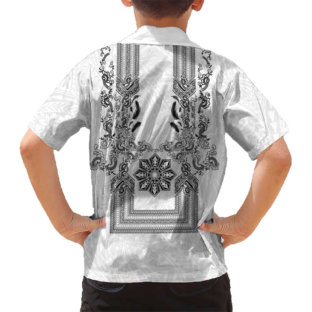 Philippines Barong Style Family Matching Off Shoulder Short Dress and Hawaiian Shirt with Polynesian Art and Leaf Motif Black-White Color