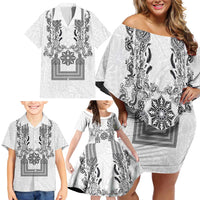 Philippines Barong Style Family Matching Off Shoulder Short Dress and Hawaiian Shirt with Polynesian Art and Leaf Motif Black-White Color