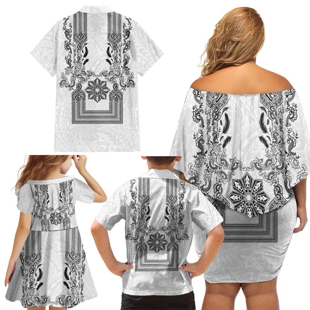 Philippines Barong Style Family Matching Off Shoulder Short Dress and Hawaiian Shirt with Polynesian Art and Leaf Motif Black-White Color