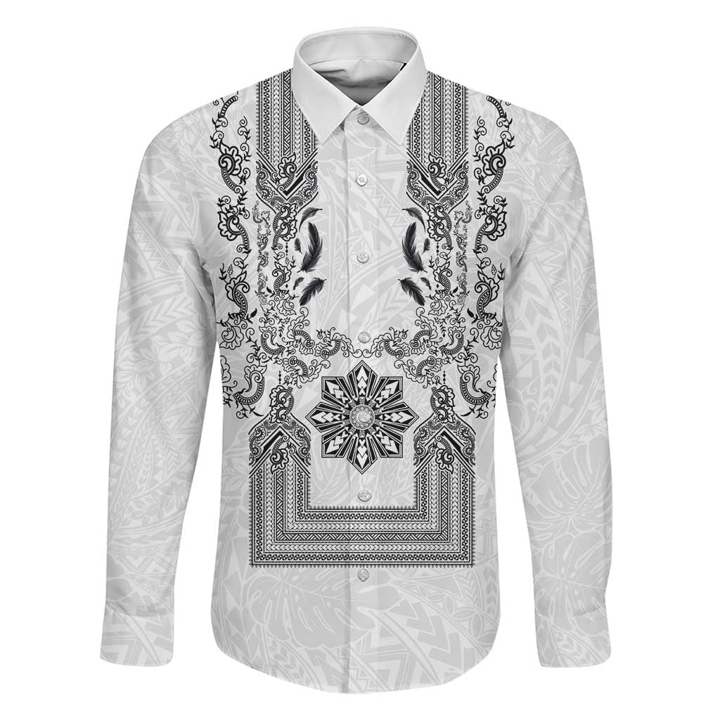 Philippines Barong Style Family Matching Off Shoulder Short Dress and Hawaiian Shirt with Polynesian Art and Leaf Motif Black-White Color
