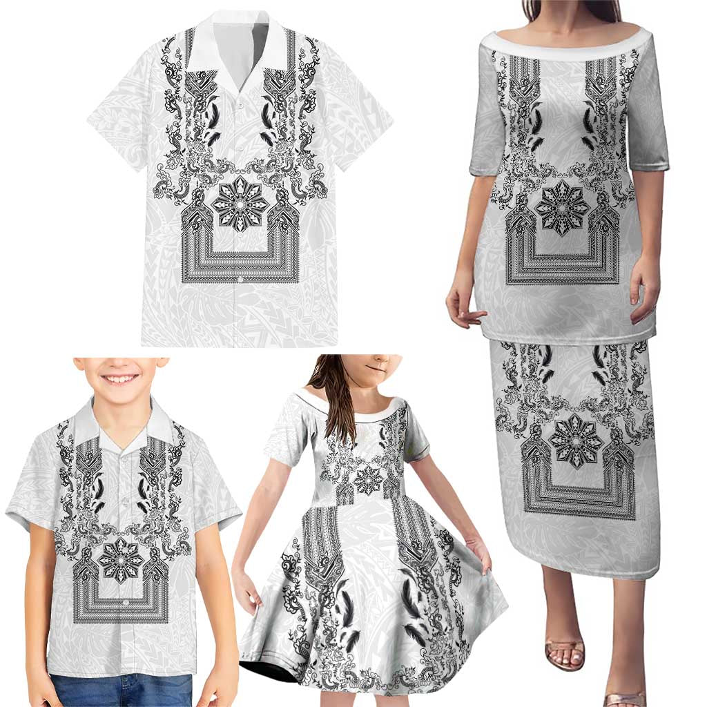 Philippines Barong Style Family Matching Puletasi and Hawaiian Shirt with Polynesian Art and Leaf Motif Black-White Color