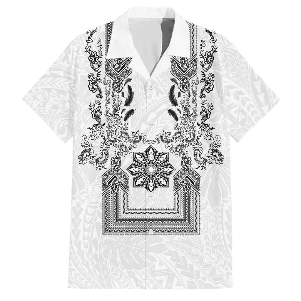 Philippines Barong Style Family Matching Puletasi and Hawaiian Shirt with Polynesian Art and Leaf Motif Black-White Color