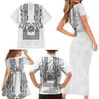 Philippines Barong Style Family Matching Short Sleeve Bodycon Dress and Hawaiian Shirt with Polynesian Art and Leaf Motif Black-White Color