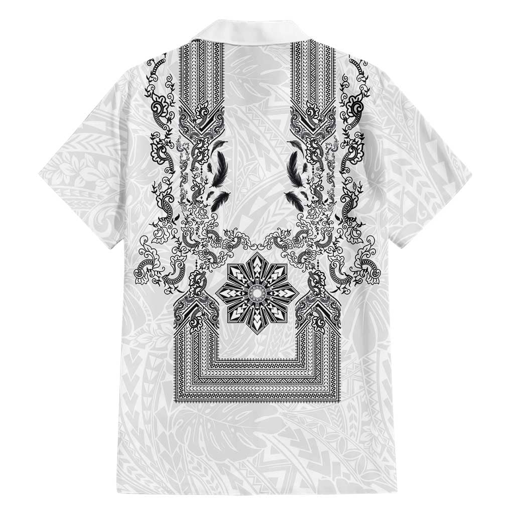 Philippines Barong Style Family Matching Short Sleeve Bodycon Dress and Hawaiian Shirt with Polynesian Art and Leaf Motif Black-White Color