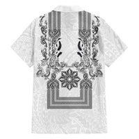 Philippines Barong Style Family Matching Short Sleeve Bodycon Dress and Hawaiian Shirt with Polynesian Art and Leaf Motif Black-White Color
