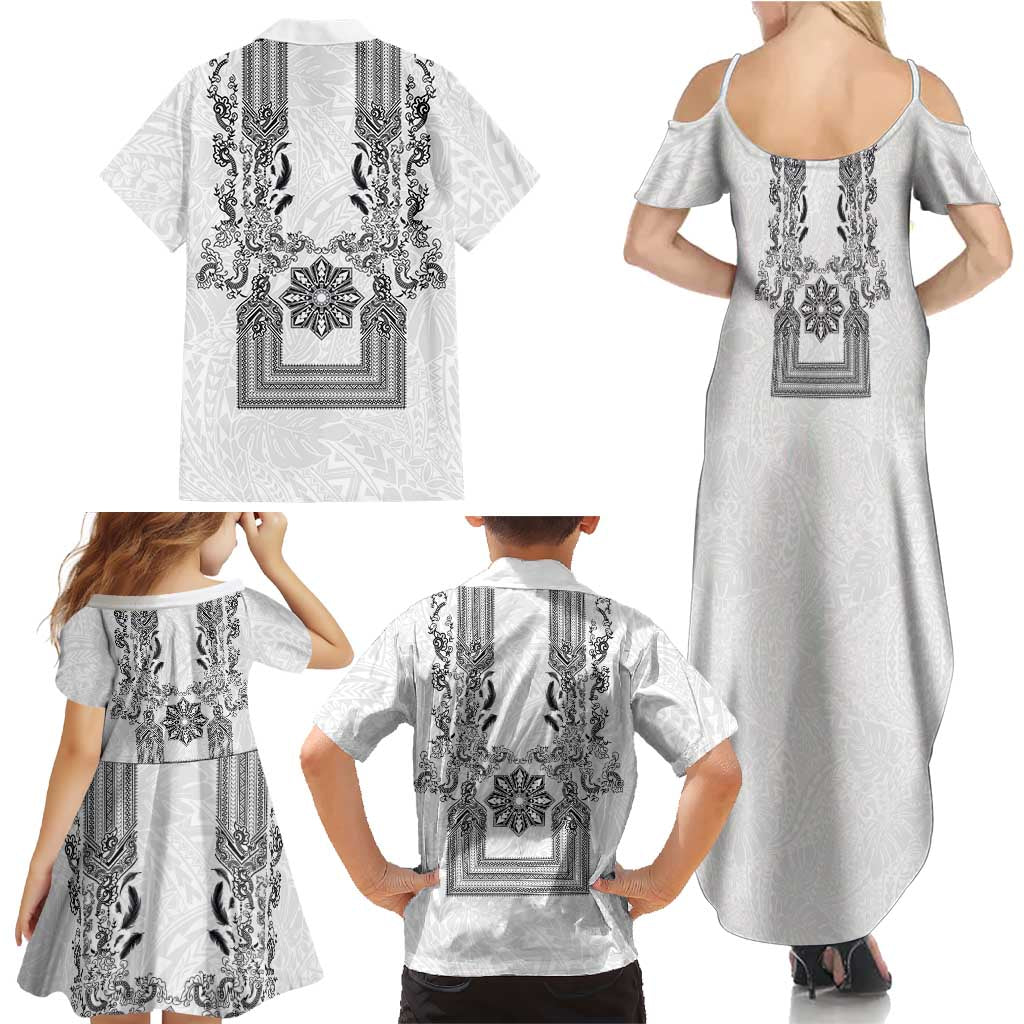 Philippines Barong Style Family Matching Summer Maxi Dress and Hawaiian Shirt with Polynesian Art and Leaf Motif Black-White Color