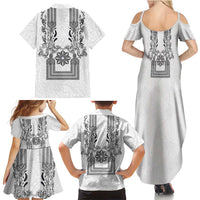Philippines Barong Style Family Matching Summer Maxi Dress and Hawaiian Shirt with Polynesian Art and Leaf Motif Black-White Color