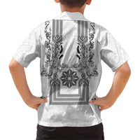 Philippines Barong Style Family Matching Tank Maxi Dress and Hawaiian Shirt with Polynesian Art and Leaf Motif Black-White Color