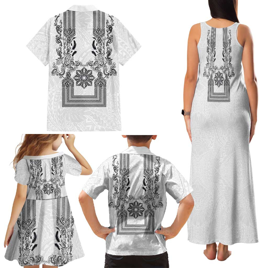Philippines Barong Style Family Matching Tank Maxi Dress and Hawaiian Shirt with Polynesian Art and Leaf Motif Black-White Color