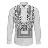 Philippines Barong Style Family Matching Tank Maxi Dress and Hawaiian Shirt with Polynesian Art and Leaf Motif Black-White Color