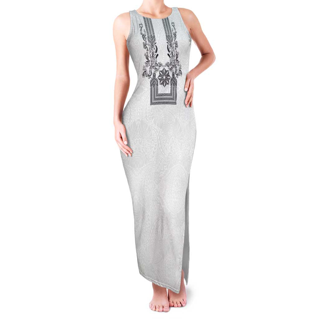Philippines Barong Style Family Matching Tank Maxi Dress and Hawaiian Shirt with Polynesian Art and Leaf Motif Black-White Color