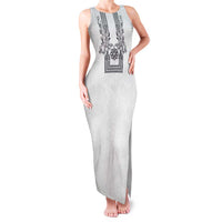 Philippines Barong Style Family Matching Tank Maxi Dress and Hawaiian Shirt with Polynesian Art and Leaf Motif Black-White Color