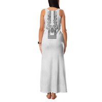 Philippines Barong Style Family Matching Tank Maxi Dress and Hawaiian Shirt with Polynesian Art and Leaf Motif Black-White Color
