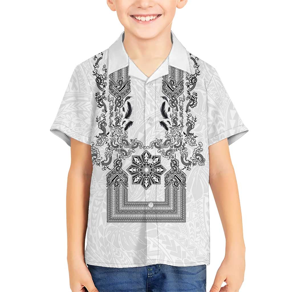 Philippines Barong Style Family Matching Tank Maxi Dress and Hawaiian Shirt with Polynesian Art and Leaf Motif Black-White Color