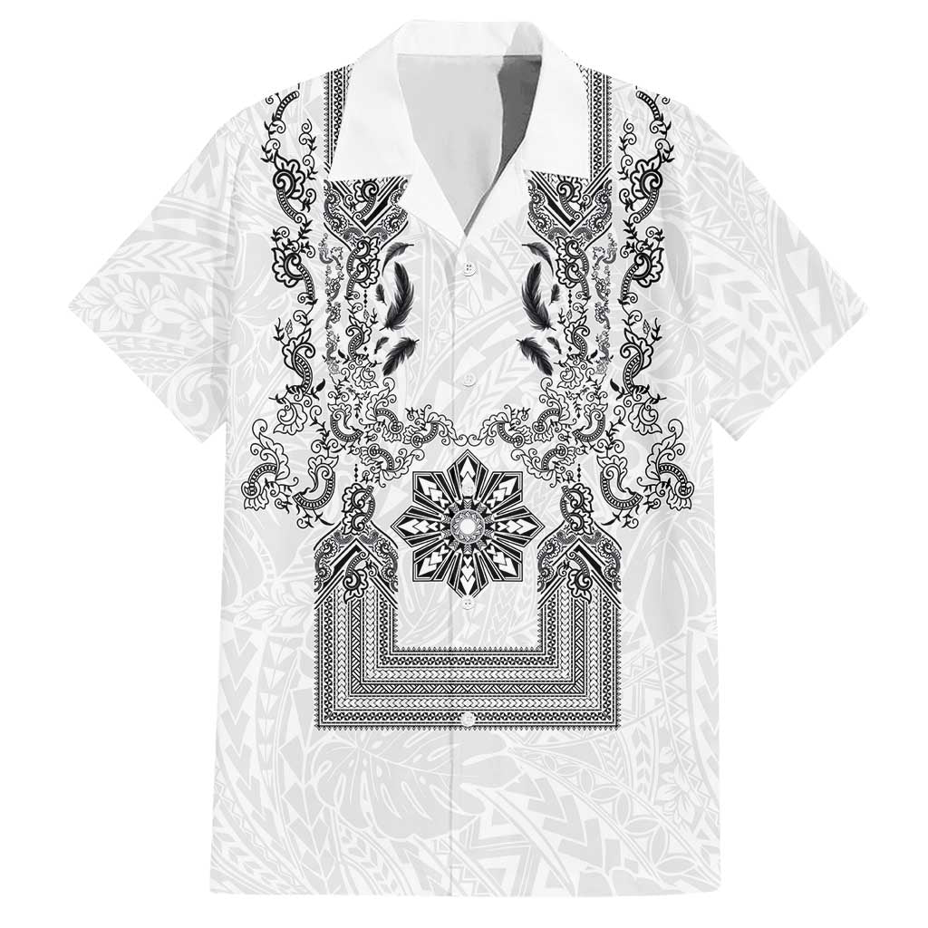 Philippines Barong Style Hawaiian Shirt with Polynesian Art and Leaf Motif Black-White Color LT03 White - Polynesian Pride