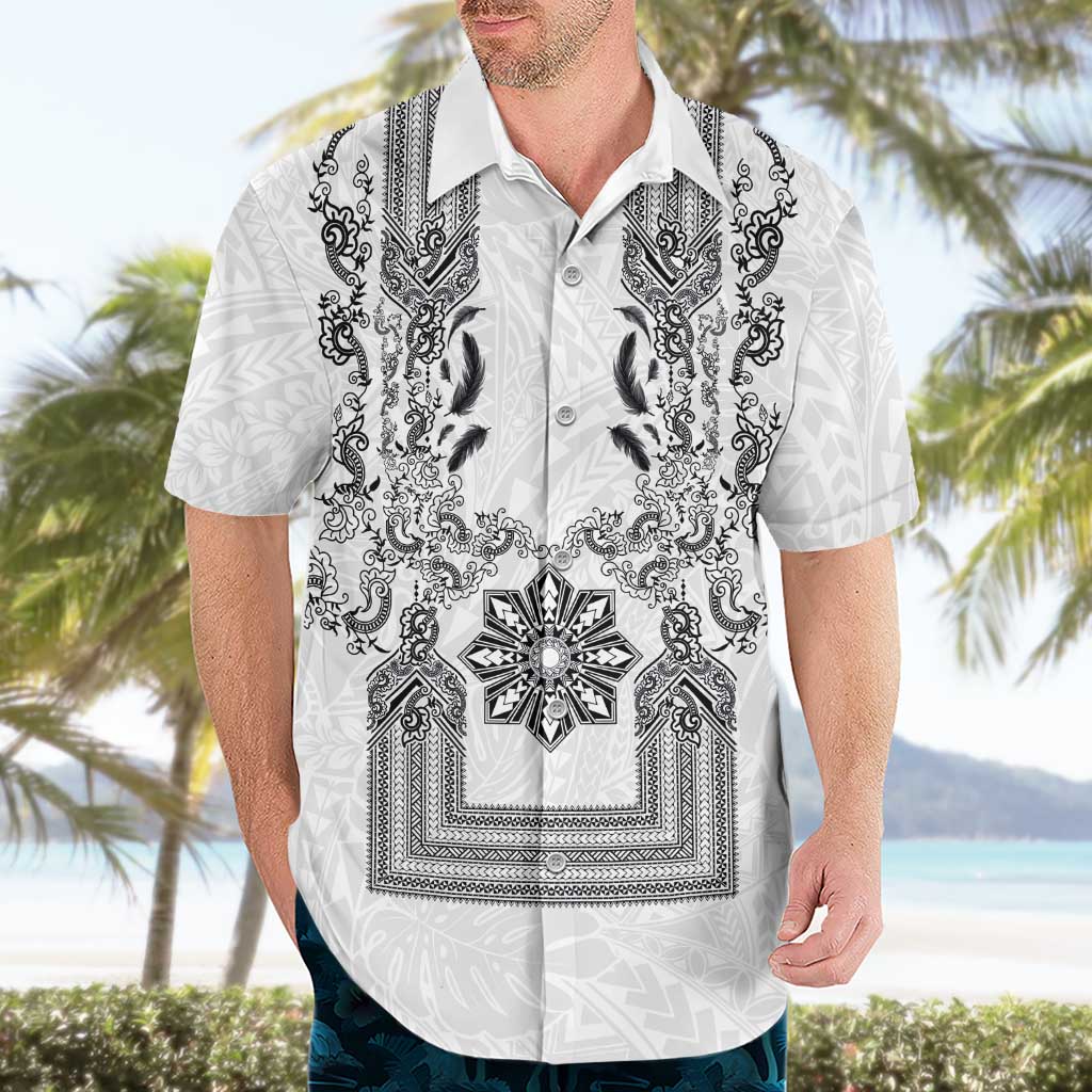 Philippines Barong Style Hawaiian Shirt with Polynesian Art and Leaf Motif Black-White Color LT03 - Polynesian Pride