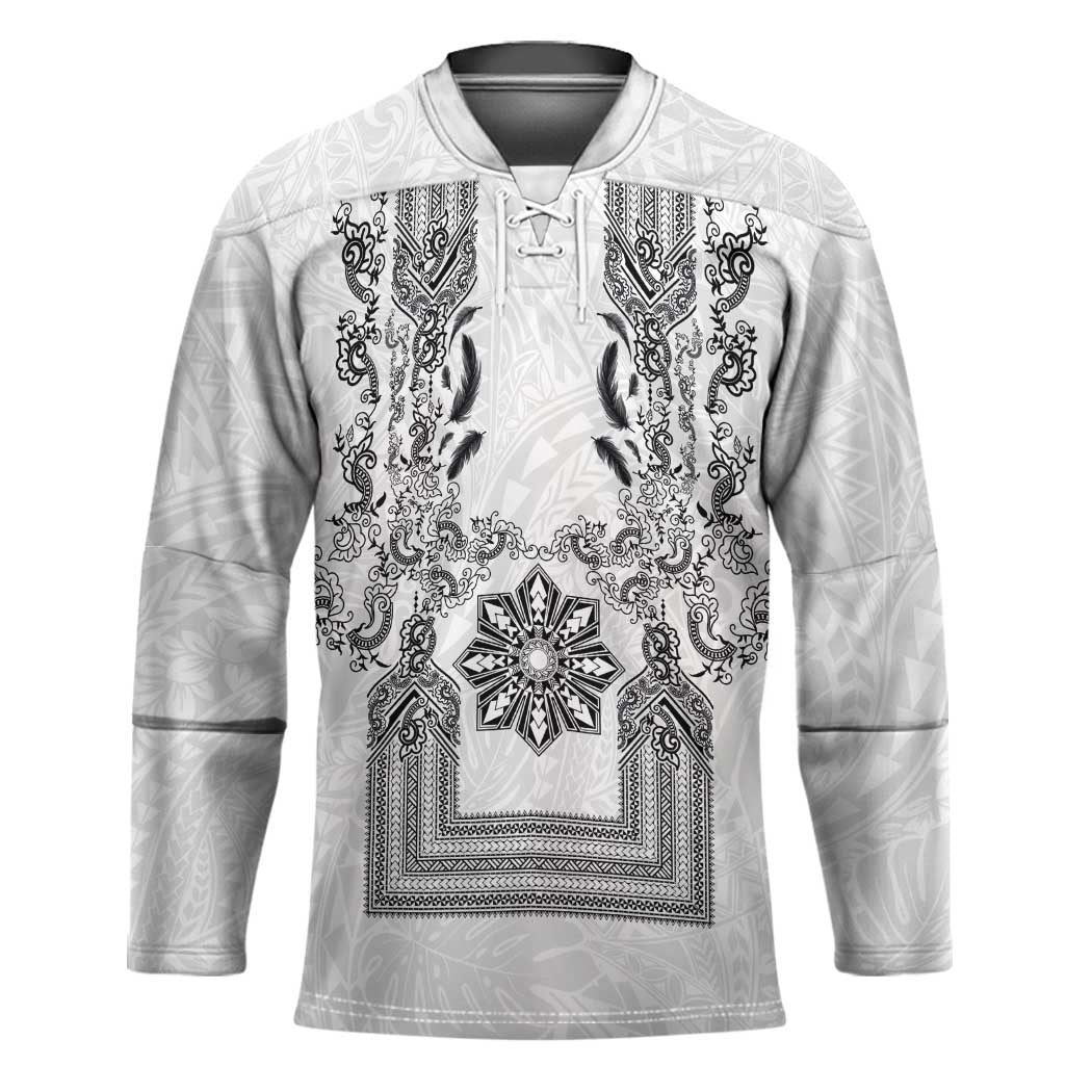 Philippines Barong Style Hockey Jersey with Polynesian Art and Leaf Motif Black-White Color LT03 Unisex White - Polynesian Pride