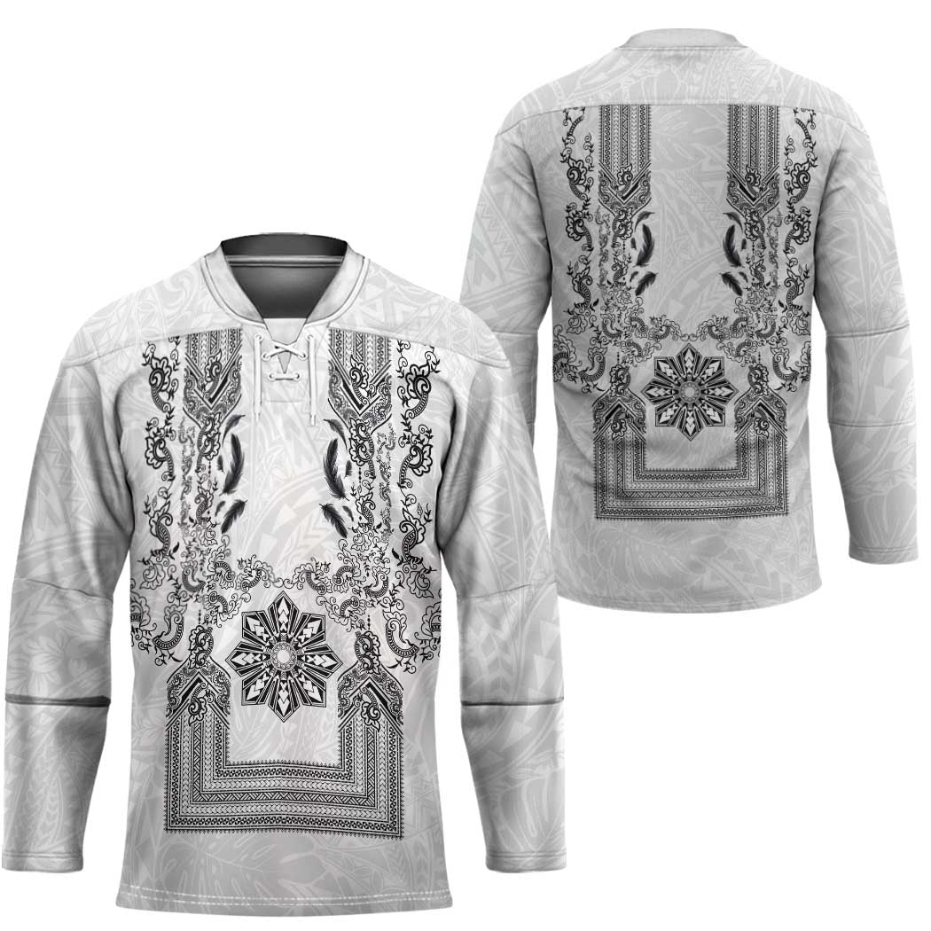 Philippines Barong Style Hockey Jersey with Polynesian Art and Leaf Motif Black-White Color LT03 - Polynesian Pride