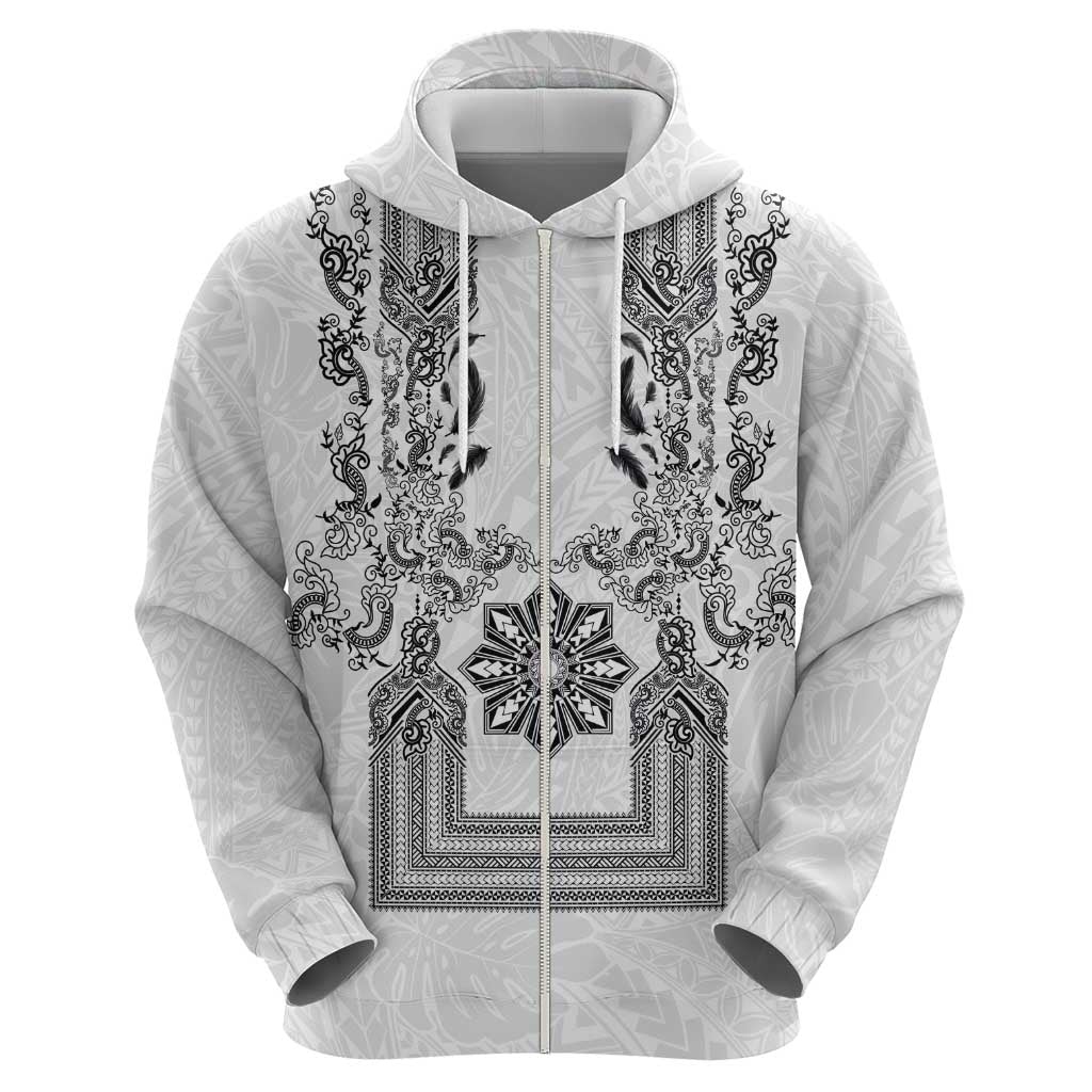 Philippines Barong Style Hoodie with Polynesian Art and Leaf Motif Black-White Color LT03 - Polynesian Pride