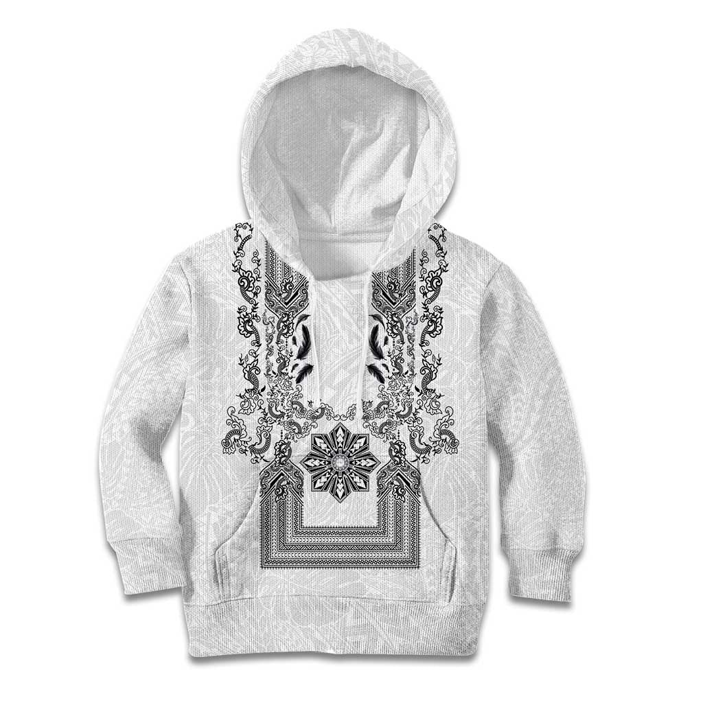 Philippines Barong Style Kid Hoodie with Polynesian Art and Leaf Motif Black-White Color LT03 Hoodie White - Polynesian Pride
