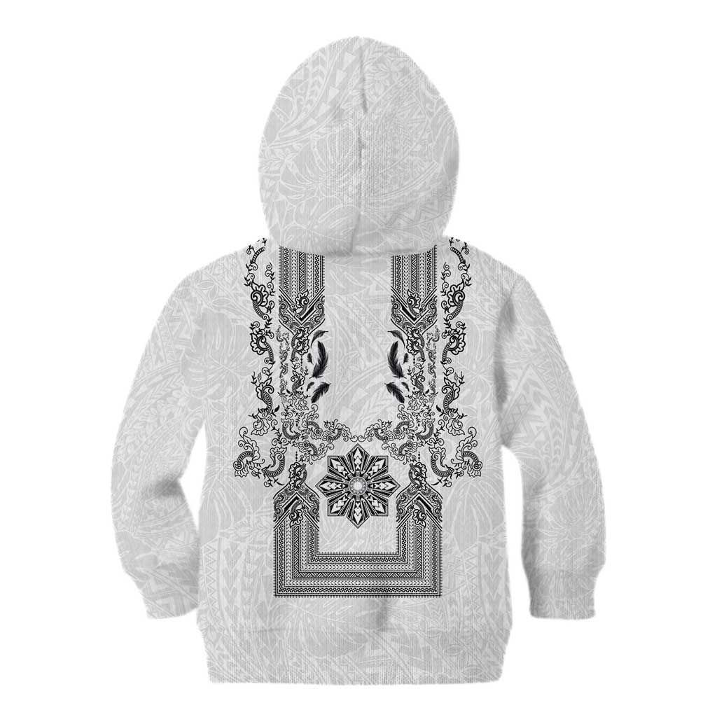 Philippines Barong Style Kid Hoodie with Polynesian Art and Leaf Motif Black-White Color LT03 - Polynesian Pride