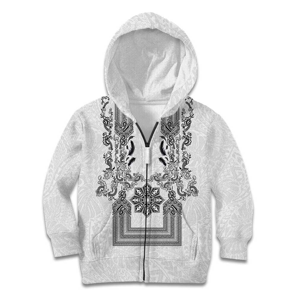 Philippines Barong Style Kid Hoodie with Polynesian Art and Leaf Motif Black-White Color LT03 Zip Hoodie White - Polynesian Pride