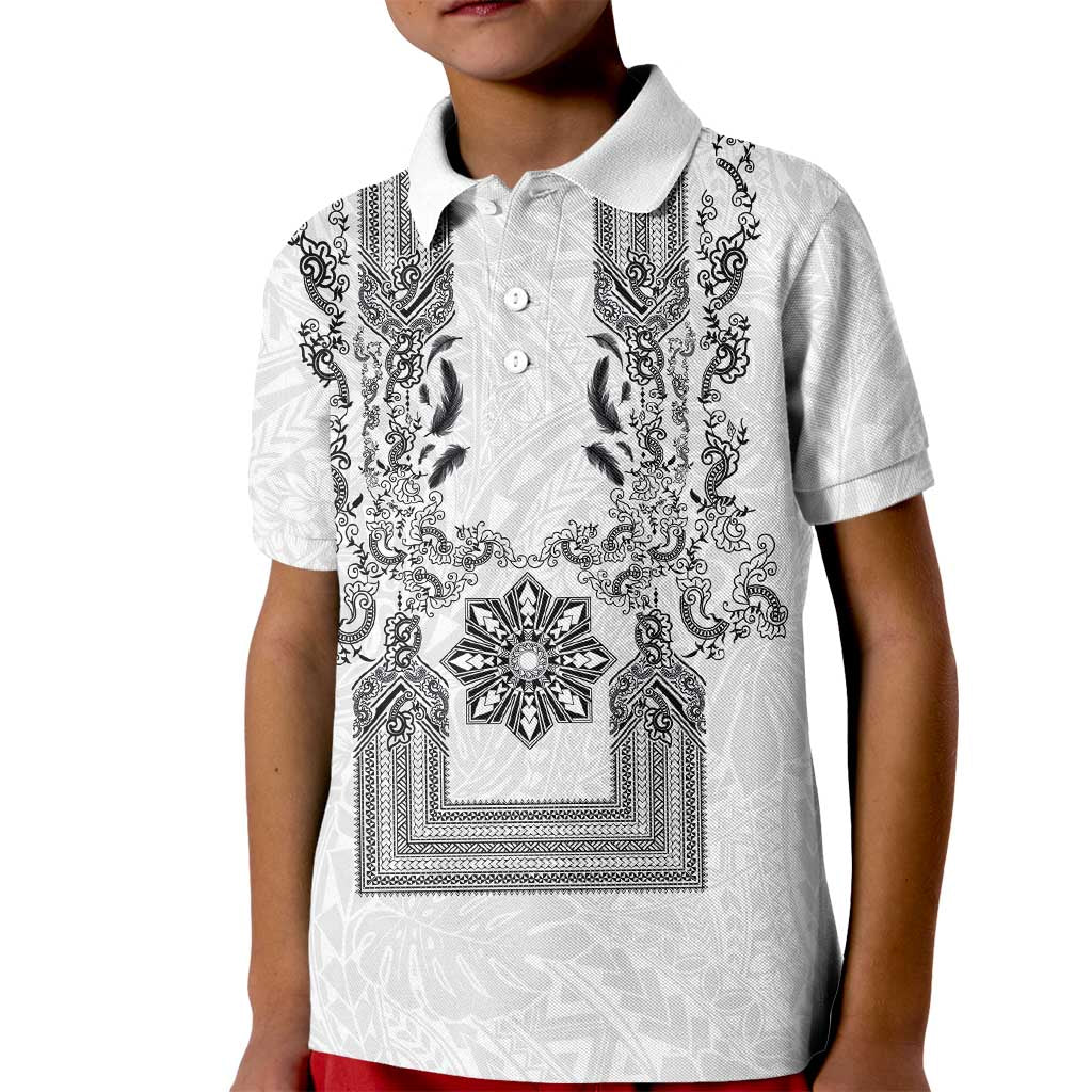 Philippines Barong Style Kid Polo Shirt with Polynesian Art and Leaf Motif Black-White Color LT03 Kid White - Polynesian Pride