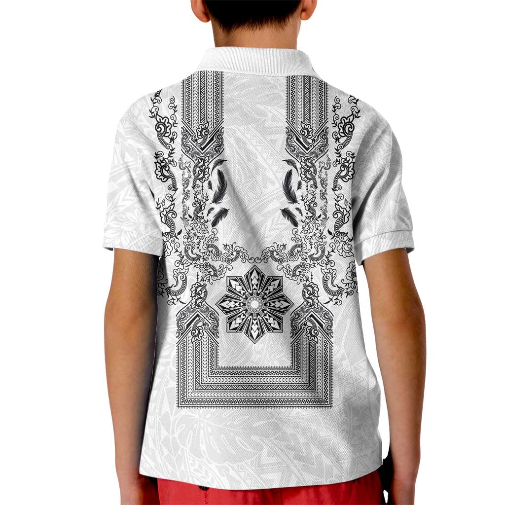 Philippines Barong Style Kid Polo Shirt with Polynesian Art and Leaf Motif Black-White Color LT03 - Polynesian Pride