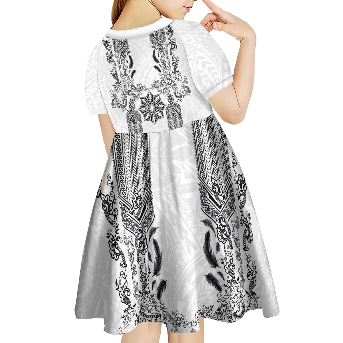 Philippines Barong Style Kid Short Sleeve Dress with Polynesian Art and Leaf Motif Black-White Color LT03 - Polynesian Pride
