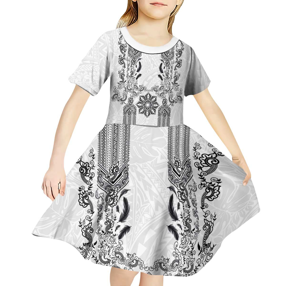 Philippines Barong Style Kid Short Sleeve Dress with Polynesian Art and Leaf Motif Black-White Color LT03 - Polynesian Pride