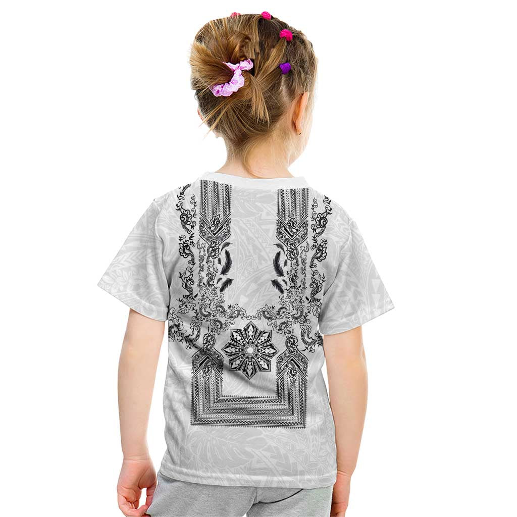Philippines Barong Style Kid T Shirt with Polynesian Art and Leaf Motif Black-White Color LT03 - Polynesian Pride