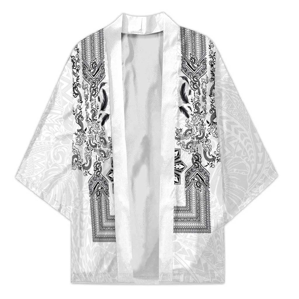 Philippines Barong Style Kimono with Polynesian Art and Leaf Motif Black-White Color