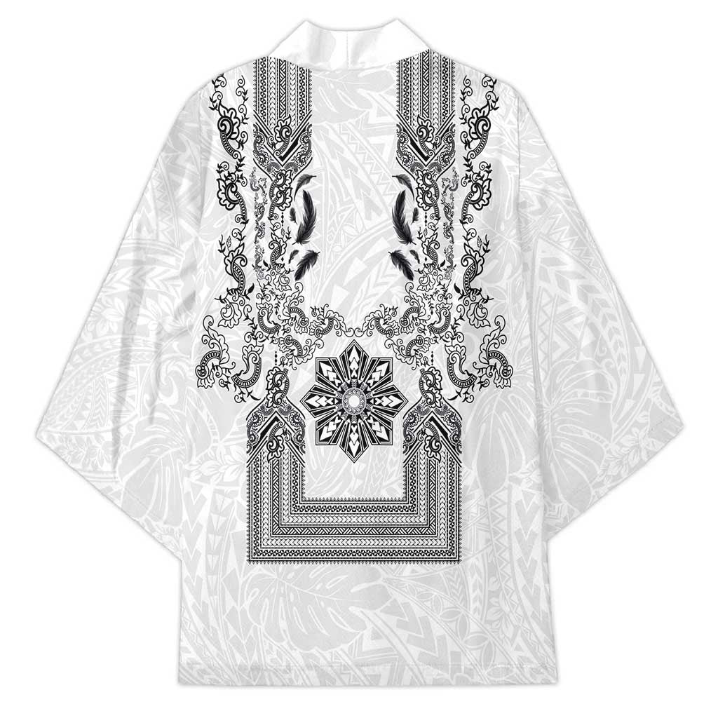 Philippines Barong Style Kimono with Polynesian Art and Leaf Motif Black-White Color