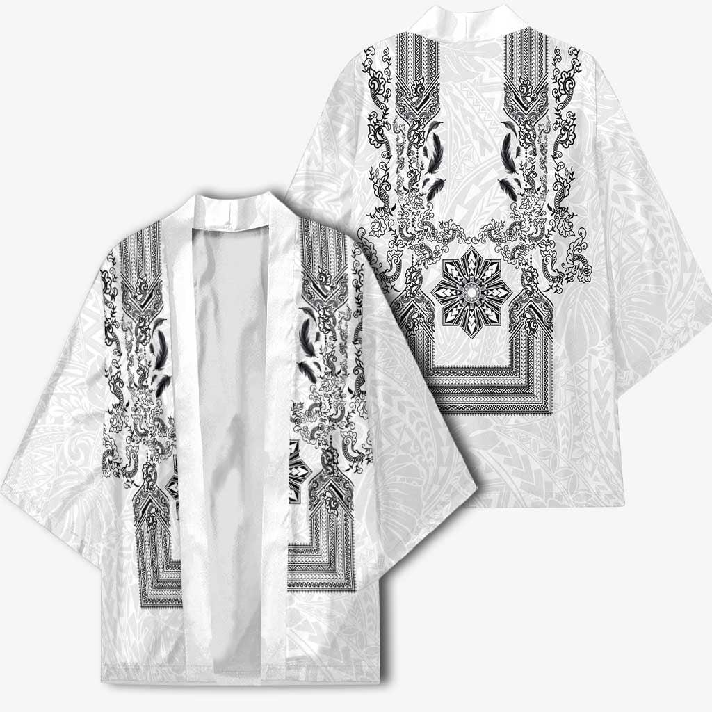 Philippines Barong Style Kimono with Polynesian Art and Leaf Motif Black-White Color