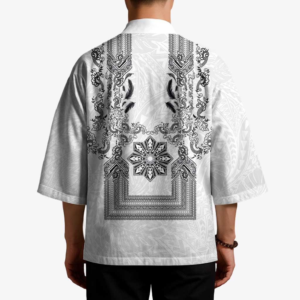 Philippines Barong Style Kimono with Polynesian Art and Leaf Motif Black-White Color