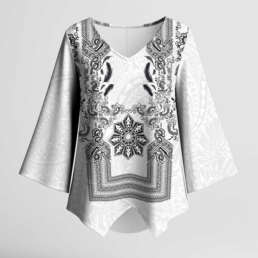 Philippines Barong Style Kimono Sleeve Blouse with Polynesian Art and Leaf Motif Black-White Color