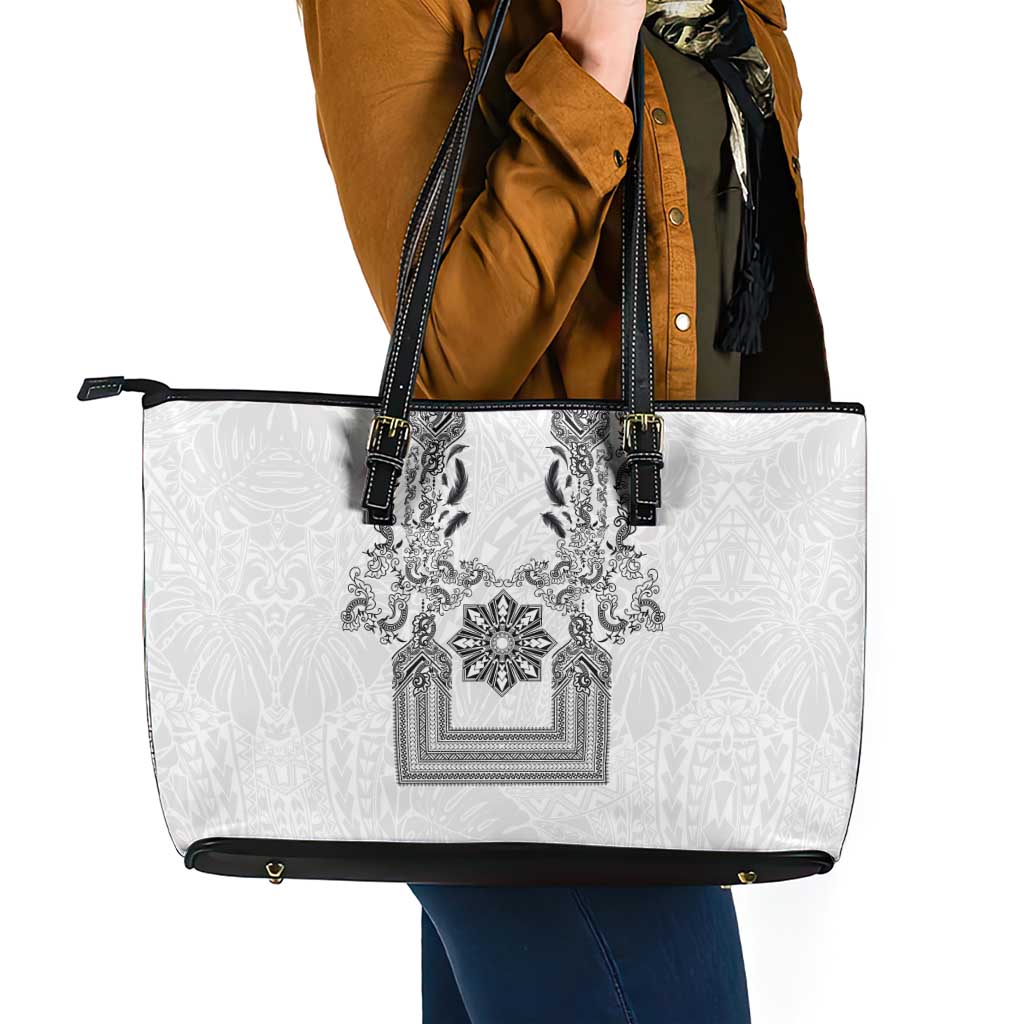 Philippines Barong Style Leather Tote Bag with Polynesian Art and Leaf Motif Black-White Color LT03 - Polynesian Pride