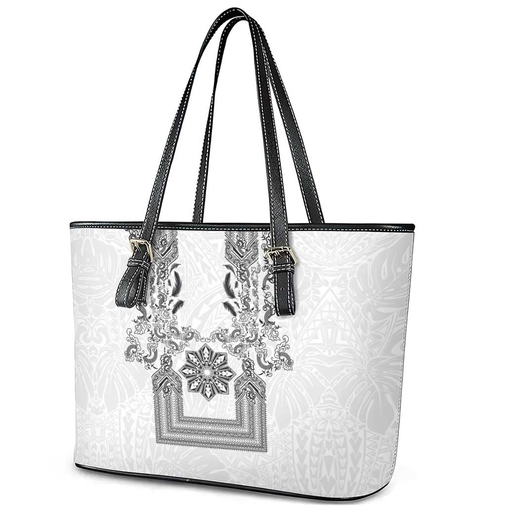Philippines Barong Style Leather Tote Bag with Polynesian Art and Leaf Motif Black-White Color LT03 - Polynesian Pride