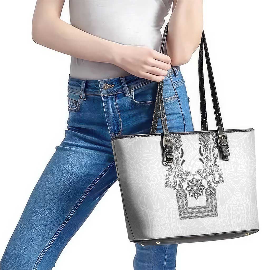 Philippines Barong Style Leather Tote Bag with Polynesian Art and Leaf Motif Black-White Color LT03 - Polynesian Pride