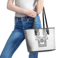 Philippines Barong Style Leather Tote Bag with Polynesian Art and Leaf Motif Black-White Color LT03 - Polynesian Pride